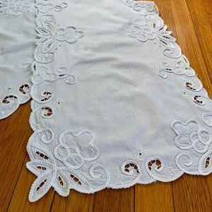 White Embroidered Floral Table Runner - Elegant Cutwork Design